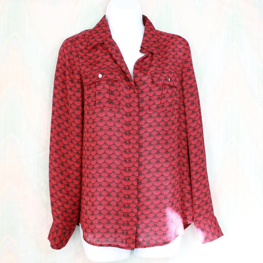 WHBM Red Silky Button Down Blouse Shirt Office 4